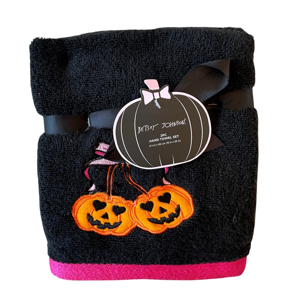 2pc Betsey Johnson Halloween Hand Towel 16x26 Cotton Embroidered Pumpkin Bow NEW